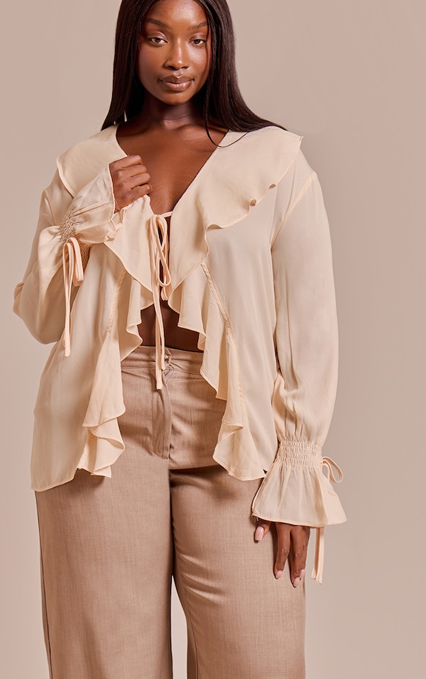 Plus Blouse en mousseline de soie crème nouée devant à volants