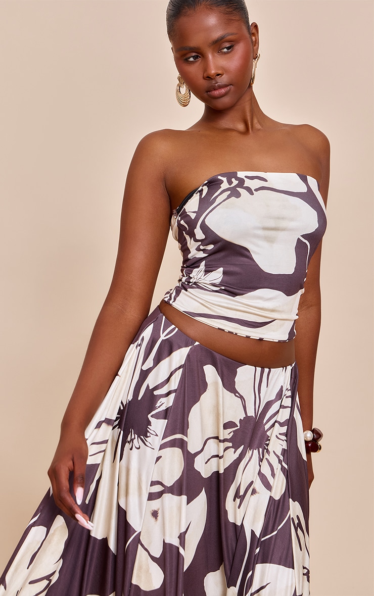 Brown Floral Print Double Layer Slinky Bandeau Top image 1