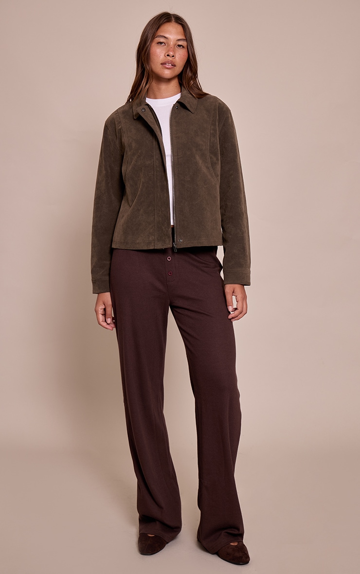 Khaki Faux Suede Concealed Placket Bomber Jacket image 3