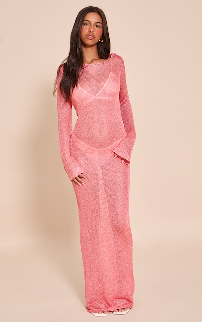 Petite Pink Long Sleeve Sequin Knitted Maxi Dress