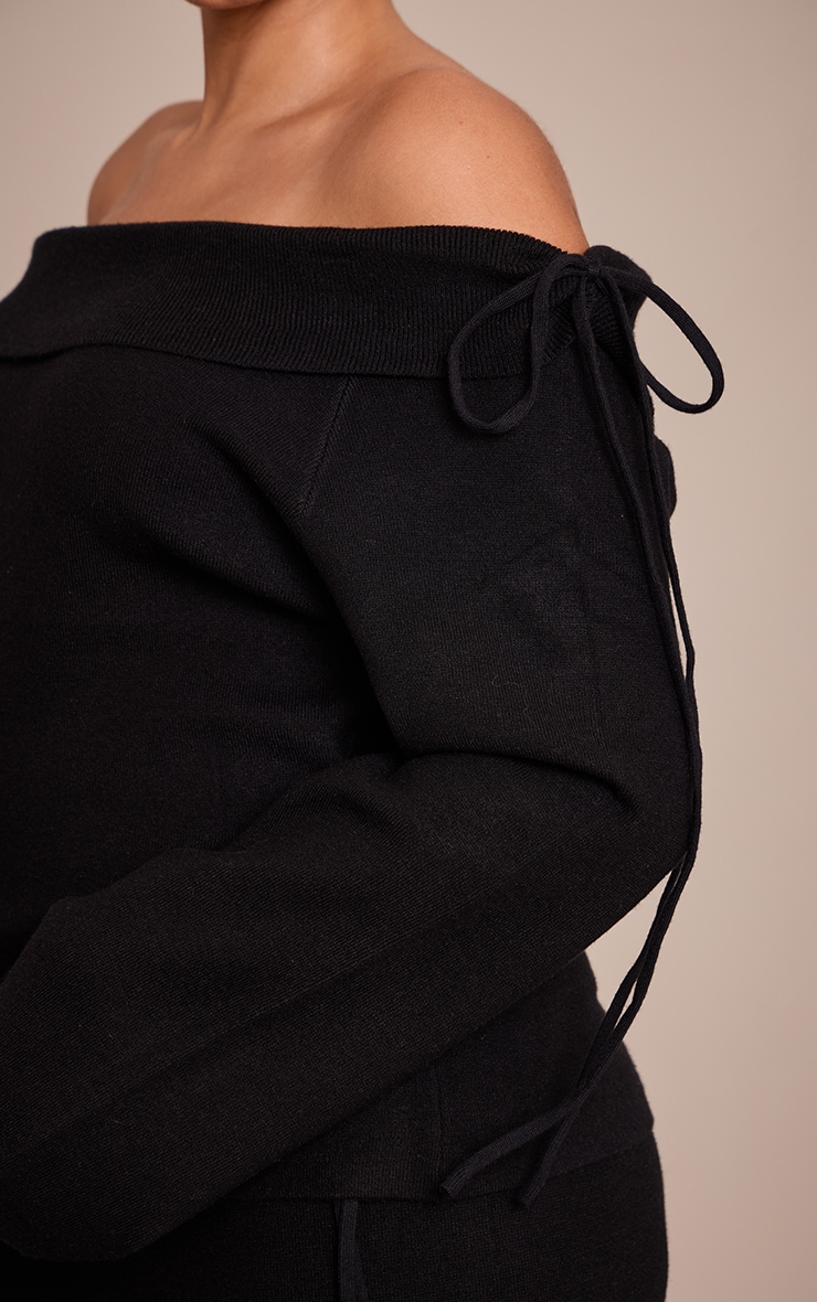Plus Black Knitted Bardot Foldover Tie Detail Top  image 4