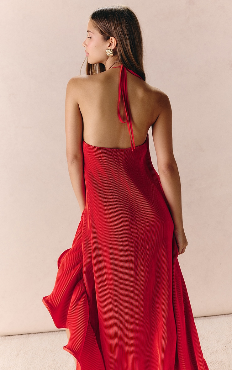 Red Satin Plisse Frill Detail Maxi Dress image 4