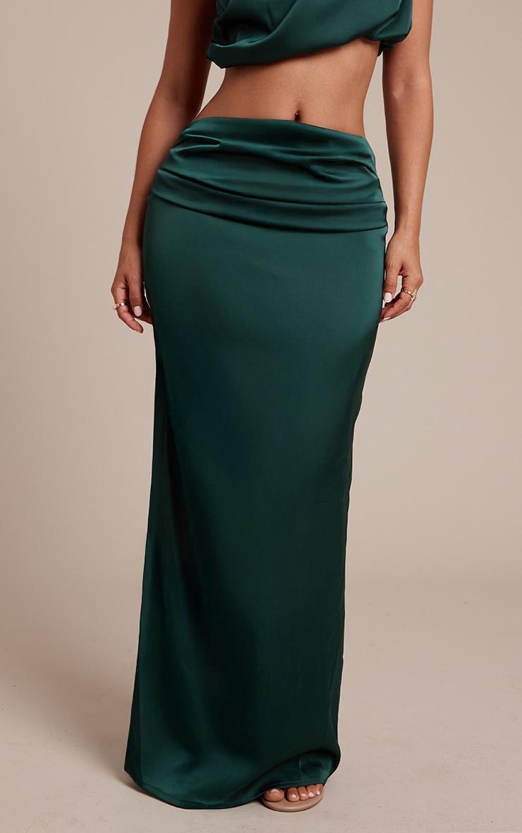 Petite Dark Olive Satin Drape Maxi Skirt image 2