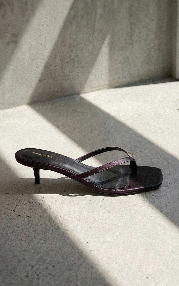 Chocolate Plum Satin Toe Thong Kitten Heel Mule