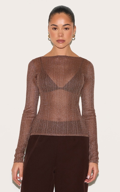 Top en maille tricot chocolat transparente à col bateau et manches longues