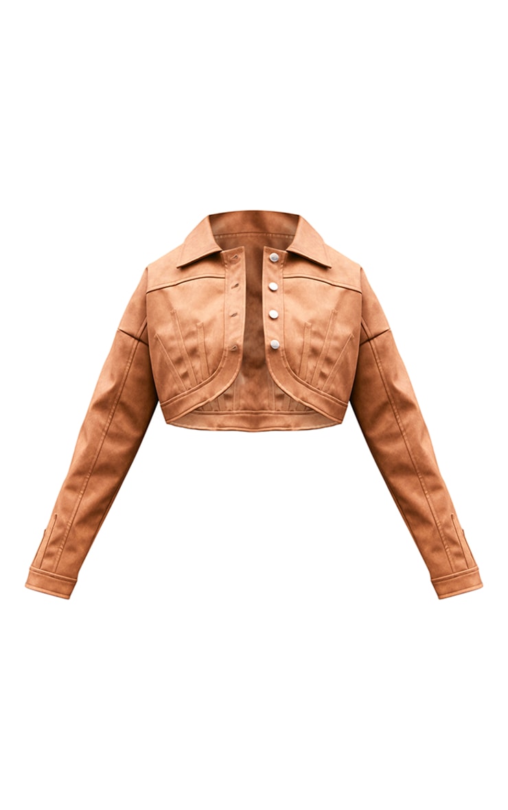 Brown Faux Leather Western Detail Curved Hem Jacket image 5