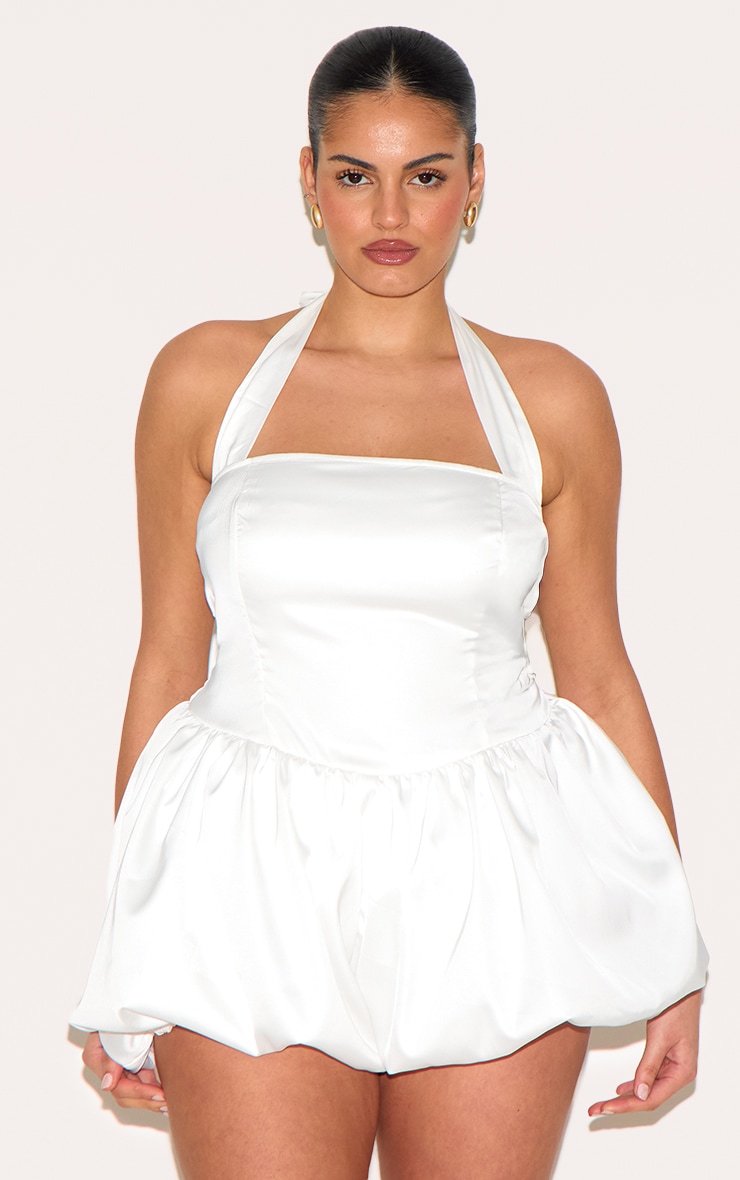 Plus White Satin Halter Neck Puffball Romper image 1
