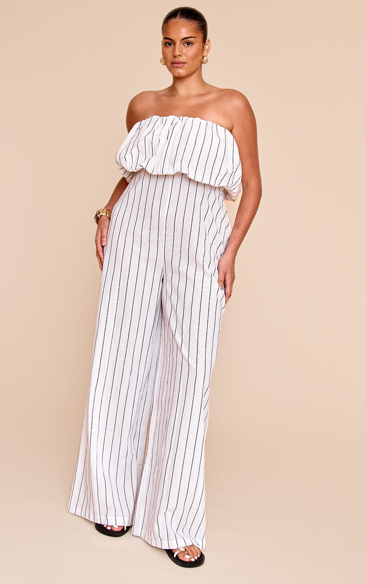 Plus Stone Stripe Textured Puffball Bandeau Straight Leg Jumpsuit image 3