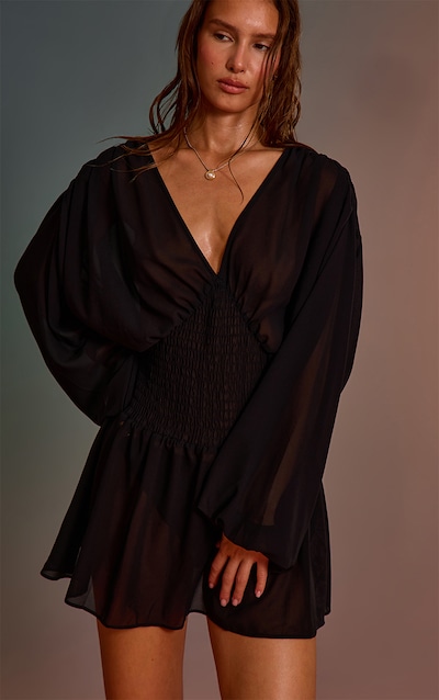 Black Chiffon Shirred Waist Mini Beach Dress