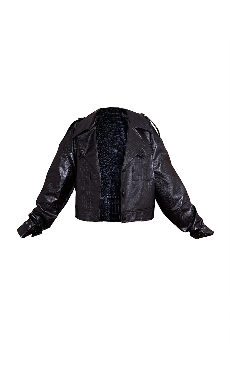 Black Faux Leather Croc Oversized Trucker Jacket image 1