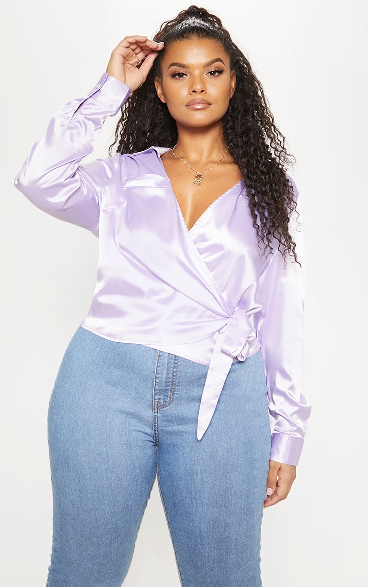 Plus Lilac Satin Wrap Blouse Plus Size PrettyLittleThing