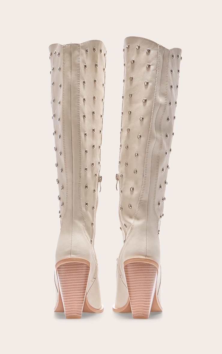 Cream PU Point Toe Silver Stud Knee High Block Heel Western Boots image 3