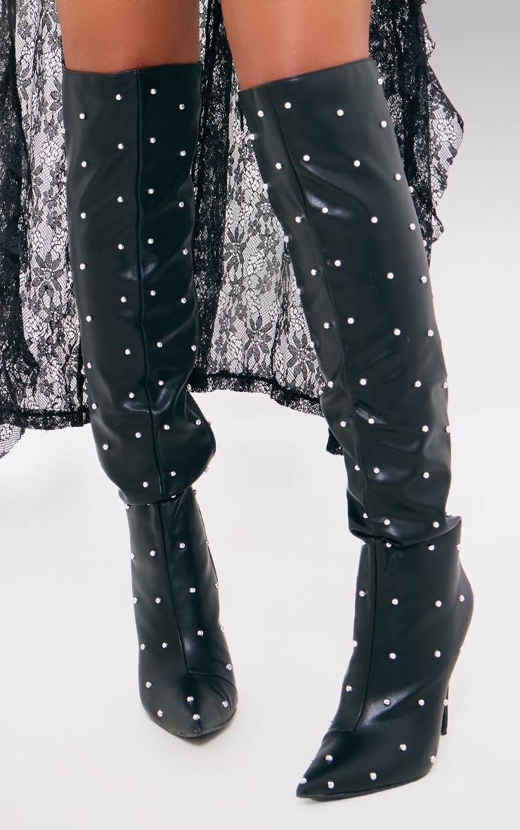 Black Silver Stud Over The Knee Stiletto Boots PrettyLittleThing CA