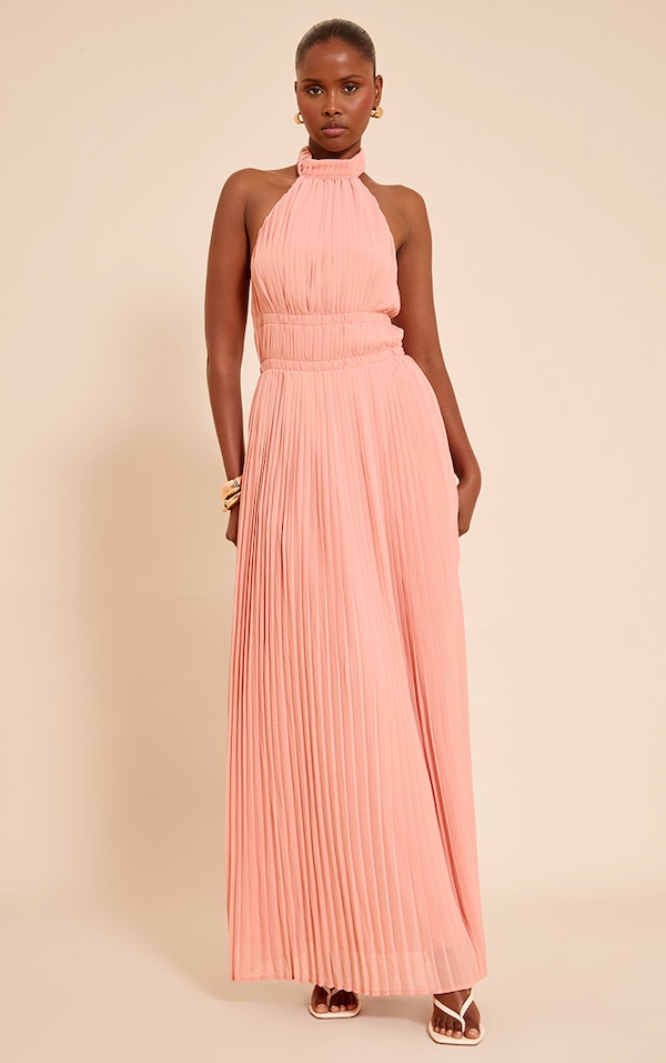 Blush Extreme Pleated High Neck Sleeveless Maxi Dress