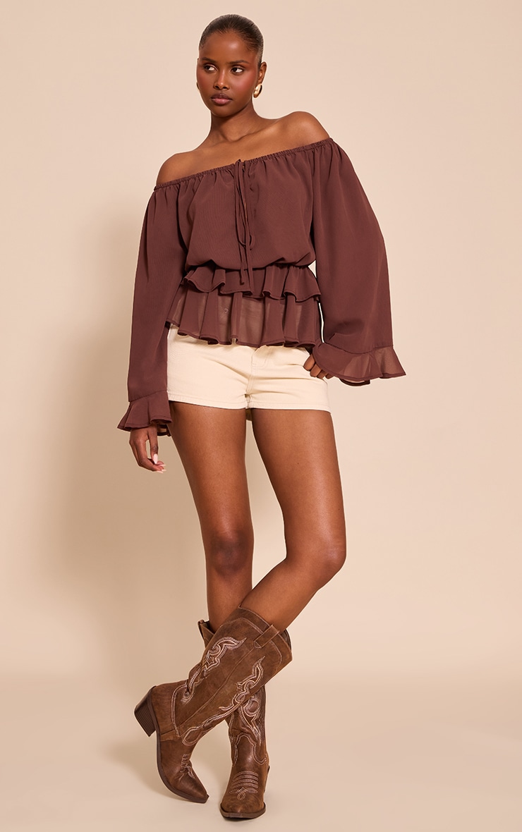 Chocolate Chiffon Bardot Frill Detail Long Sleeve Top image 3