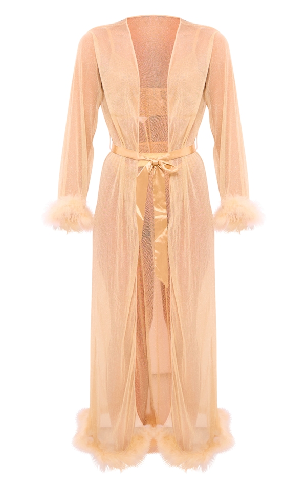 Champagne Feather Trim Longline Mesh Glitter Robe | Lingerie ...