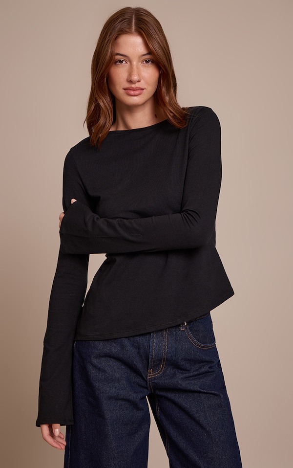 Black Cotton Asymmetric Hem Flared Long Sleeve Top 