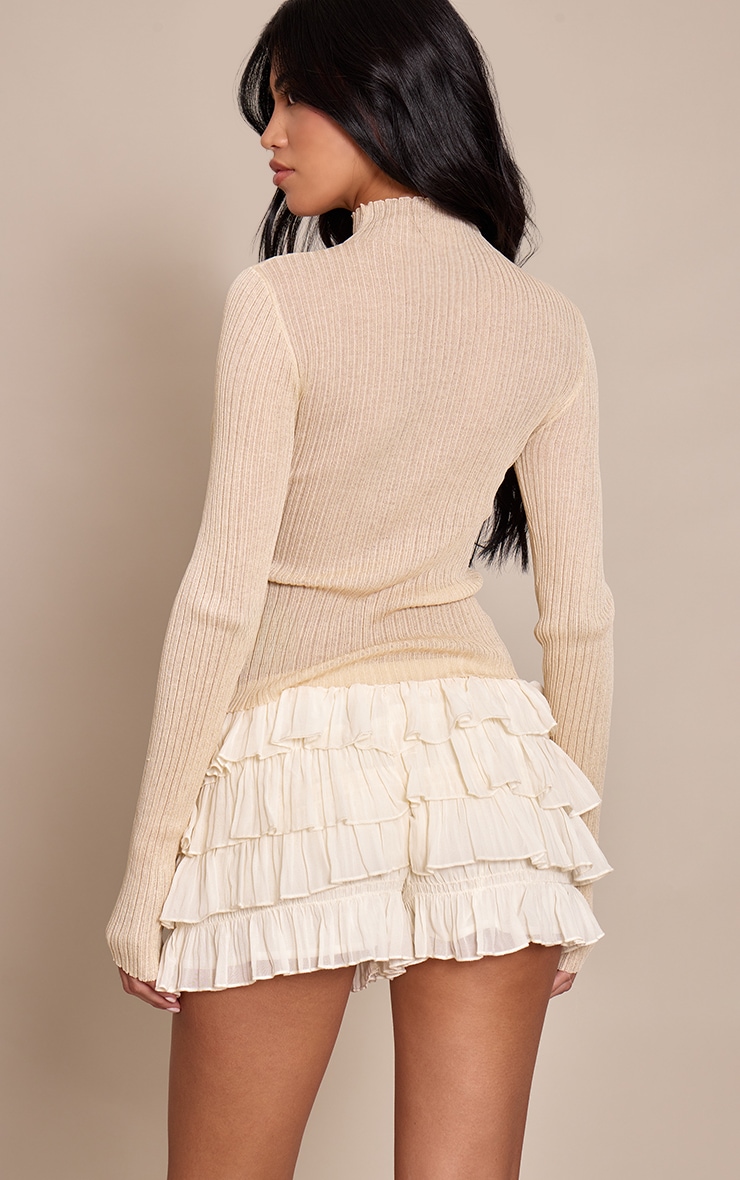 Cream Ruched Textured Low Rise Bloomer Shorts image 3