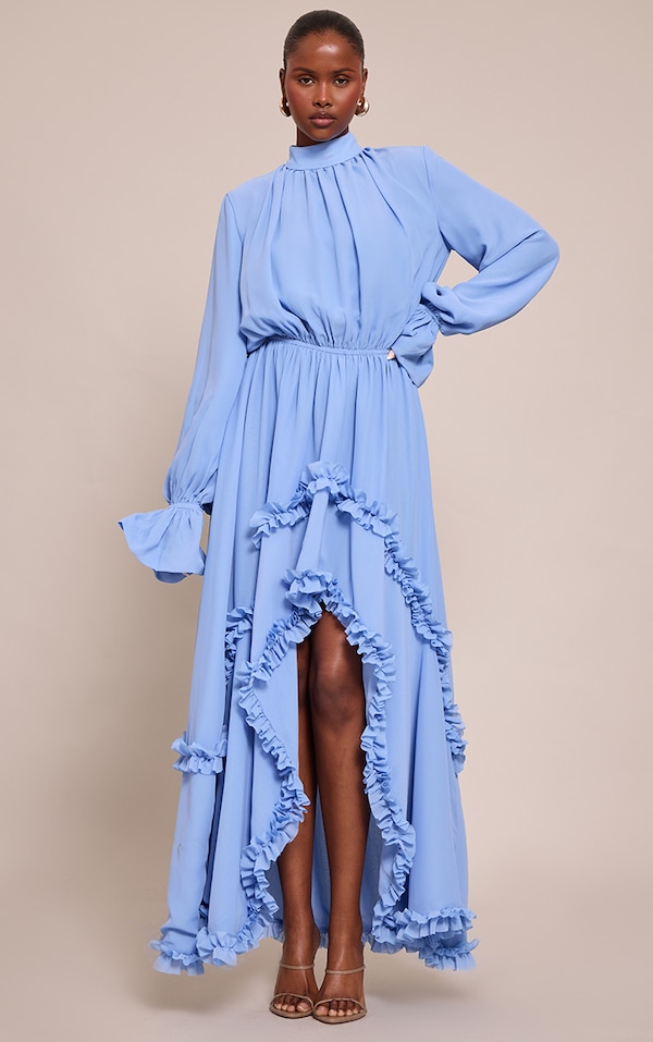 Blue Chiffon High Neck Frill Detail Maxi Dress