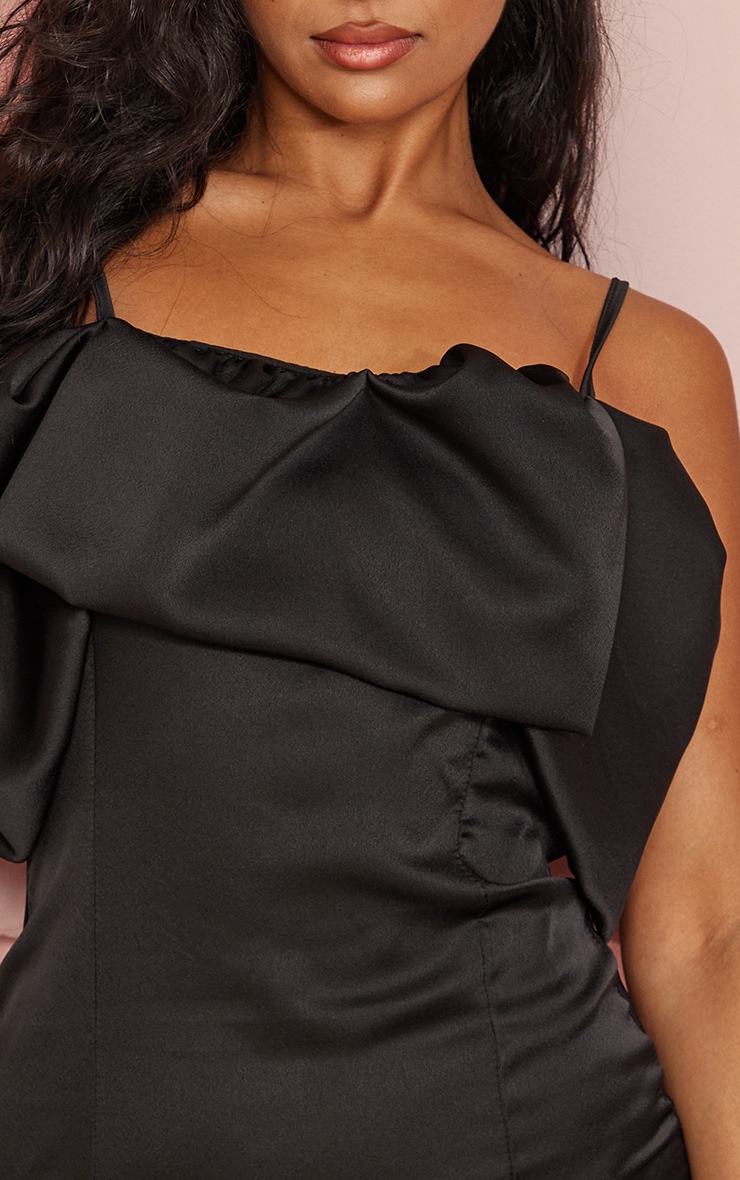 Black Satin Ruffle Detail Strappy Bodycon Dress image 4