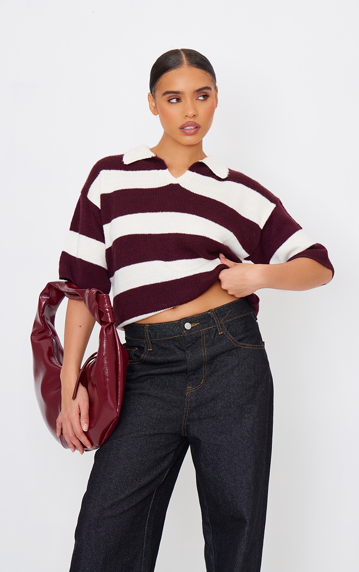 Burgundy Stripe Knit V Neck Oversized Rugby Top image 3