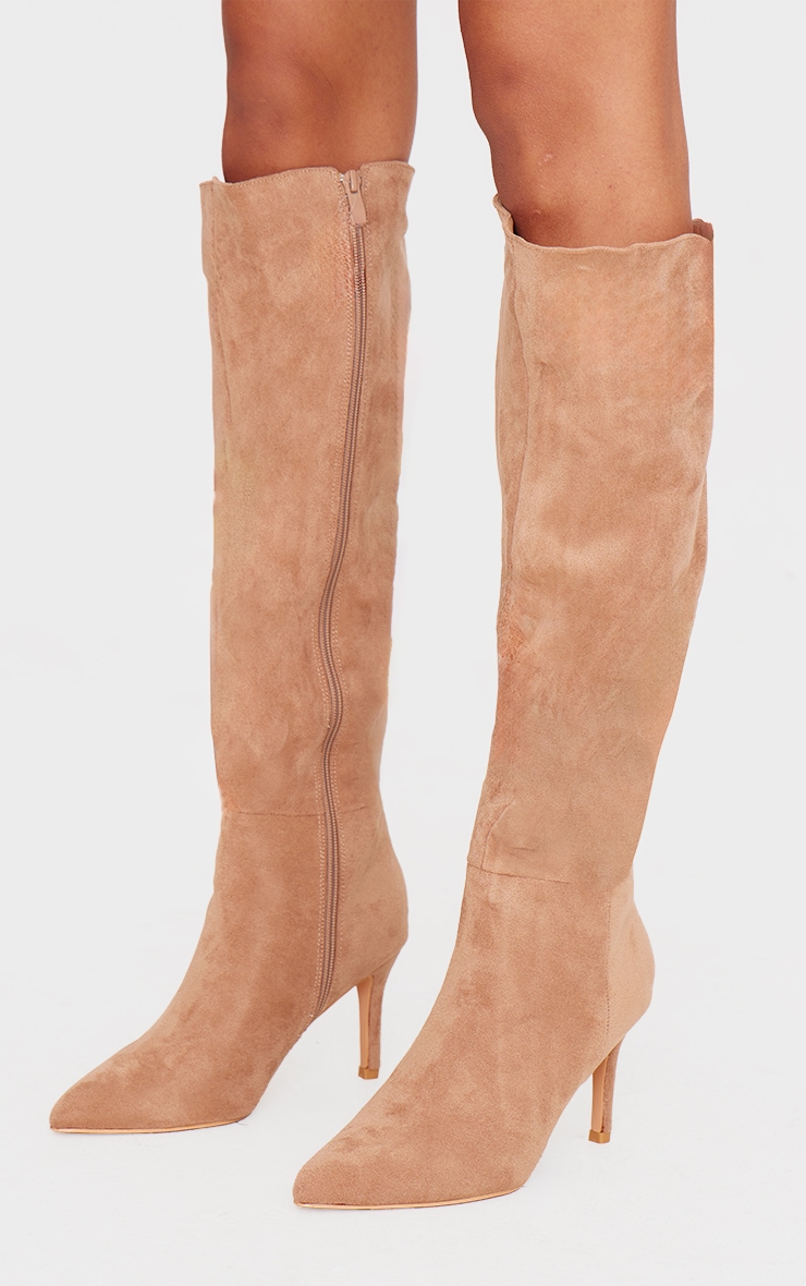 Tan Faux Suede Point Toe Ruched Knee High Stiletto Boots image 3