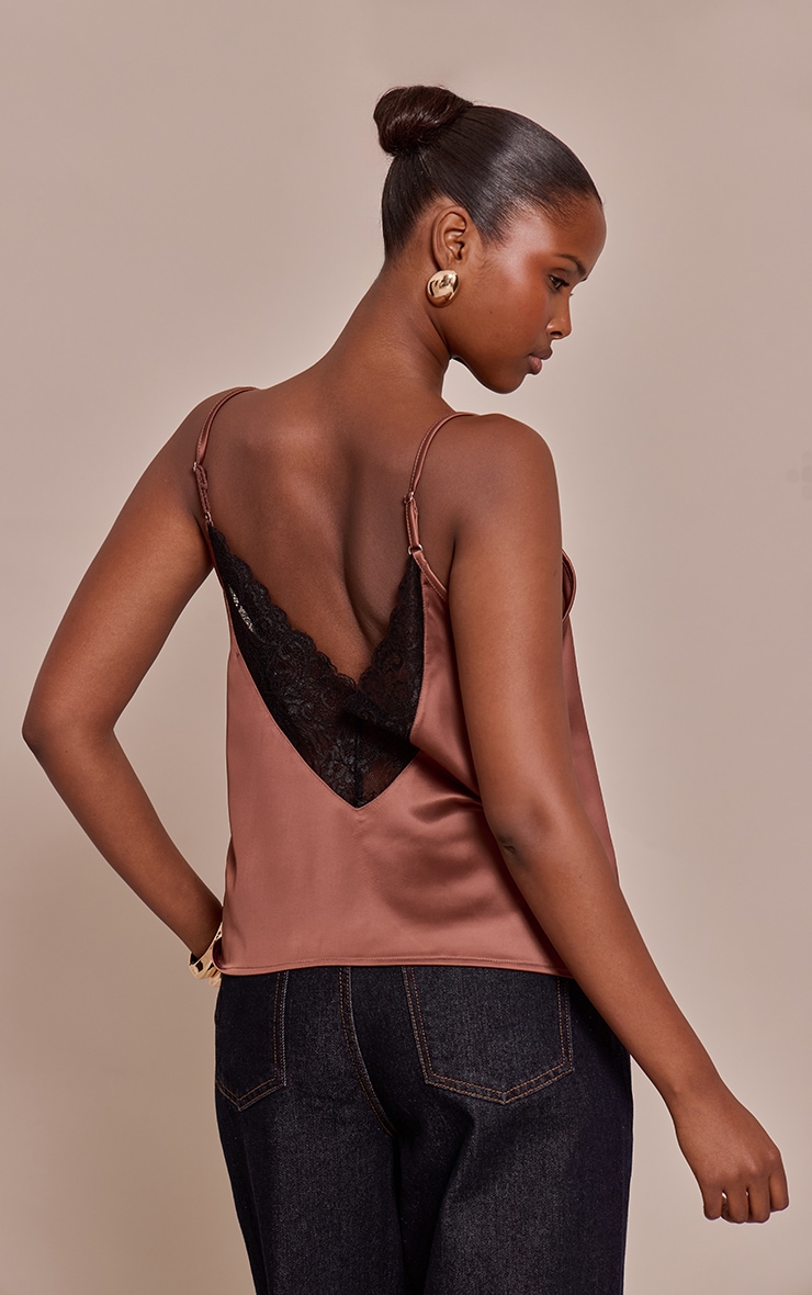 Chocolate Satin Backless Lace Trim Cami Top image 2