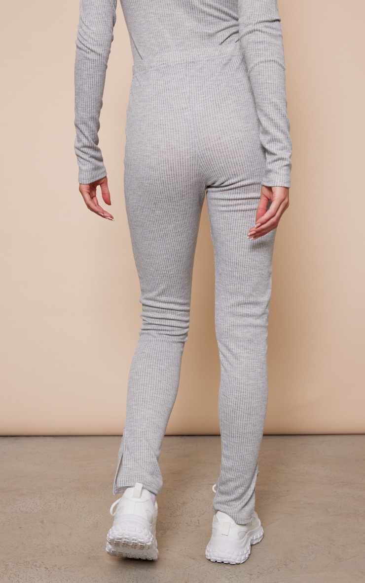 Light Grey Wide Two Tone Rib Split Hem Leggings image 3