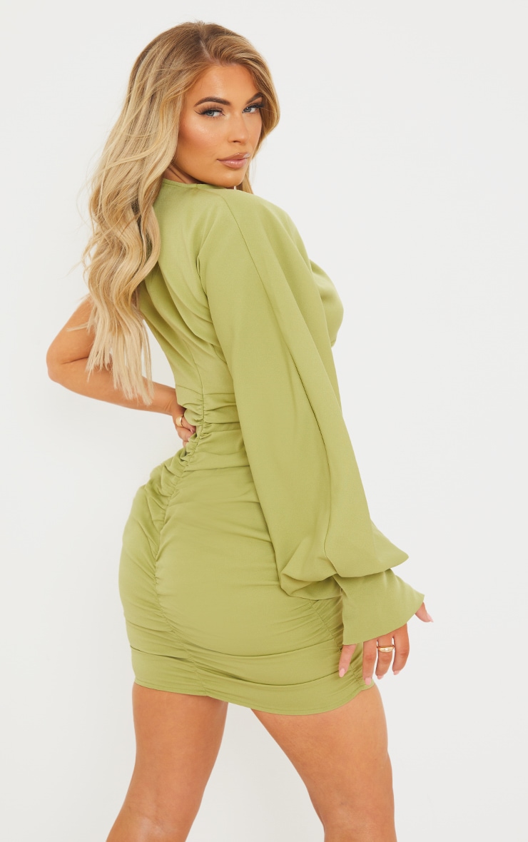 Sage Green One Sleeve Ruched Woven Bodycon Dress image 3