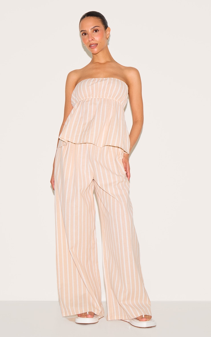 Petite Pantalon large fluide en effet lin gris pierre à fines rayures image 1