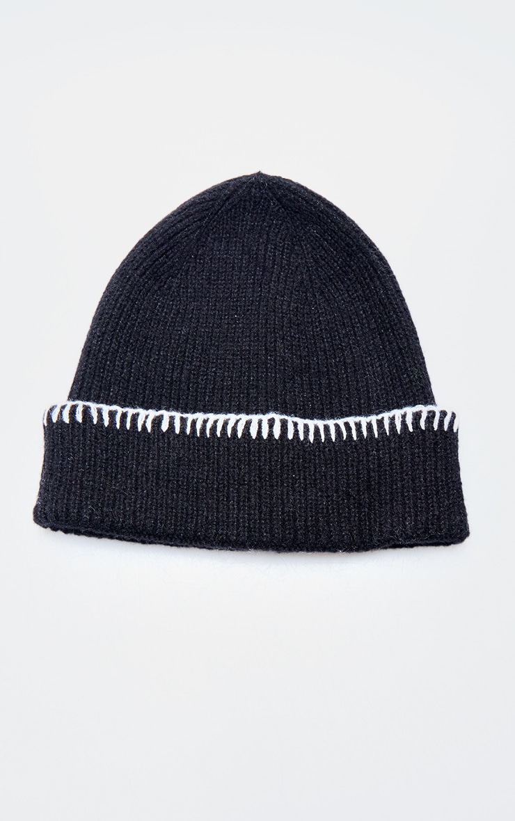 Black Stitch Detail Rib Beanie image 2