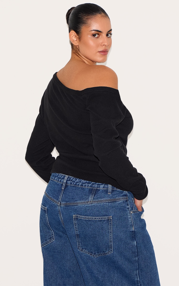 Plus Black Soft Touch Rib Asymmetric Detail Long Sleeve Top image 2