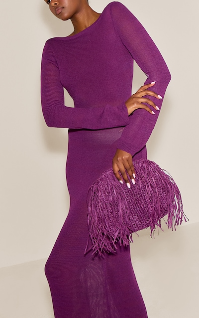 Plum Slouchy Raffia Fringe Clutch