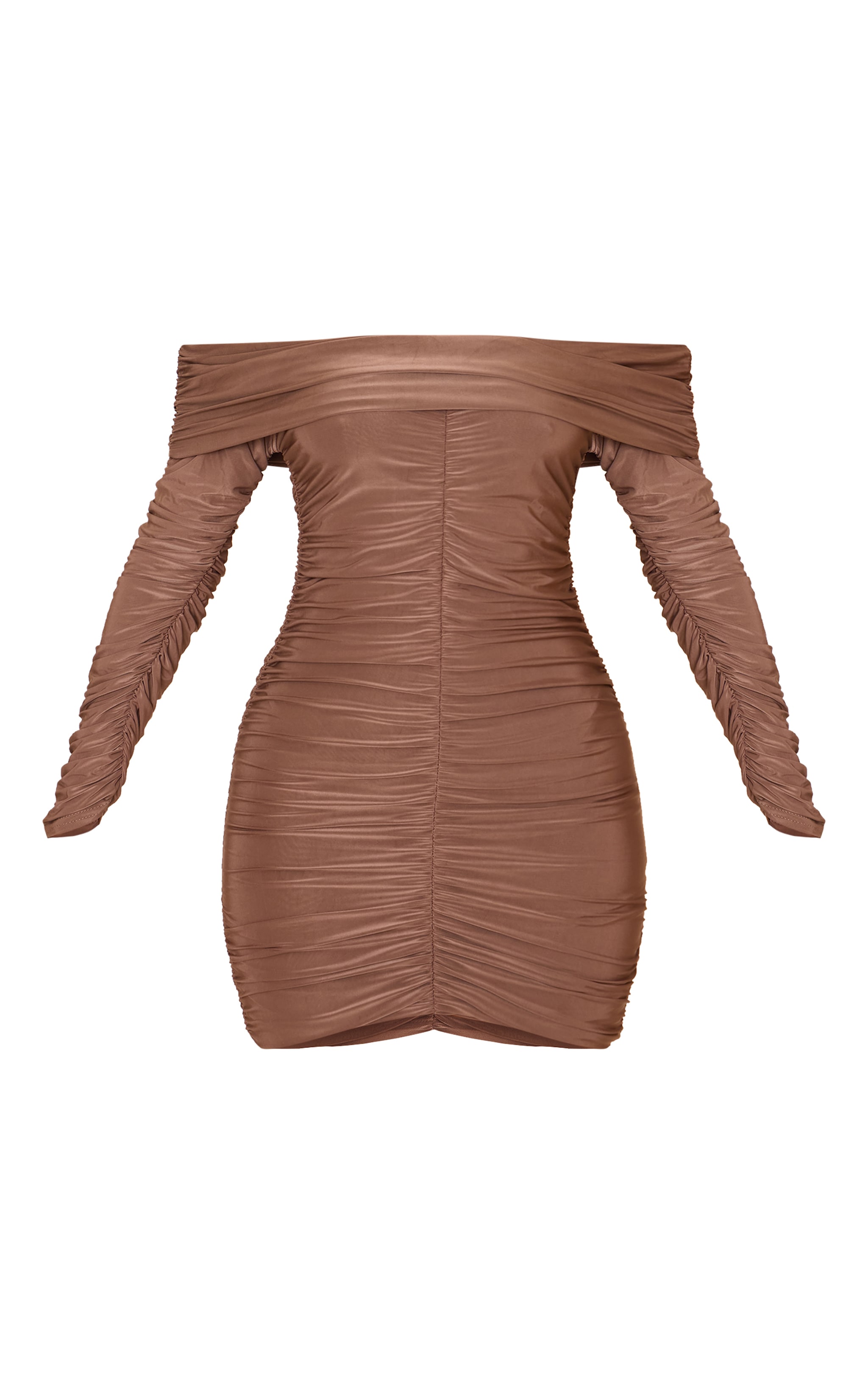 Petite Taupe Double Slinkly Asymmetric Bardot Ruched Mini Dress image 5