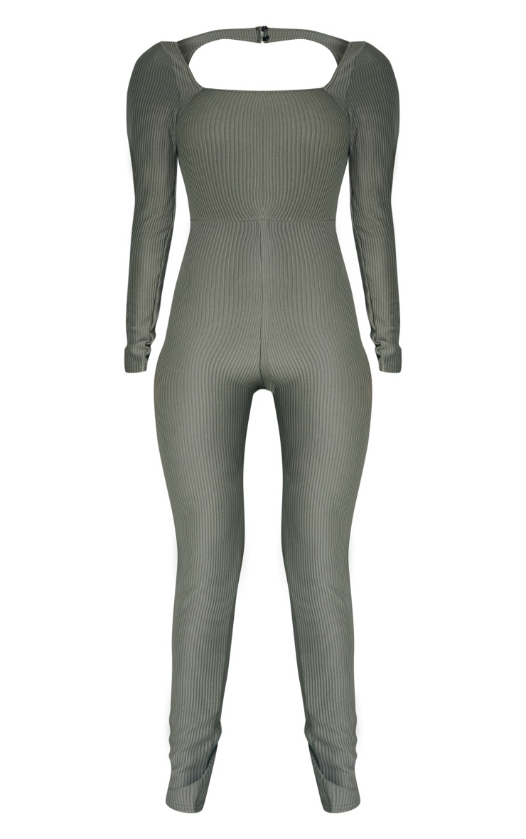 Khaki Rib Square Neck Open Back Jumpsuit image 4