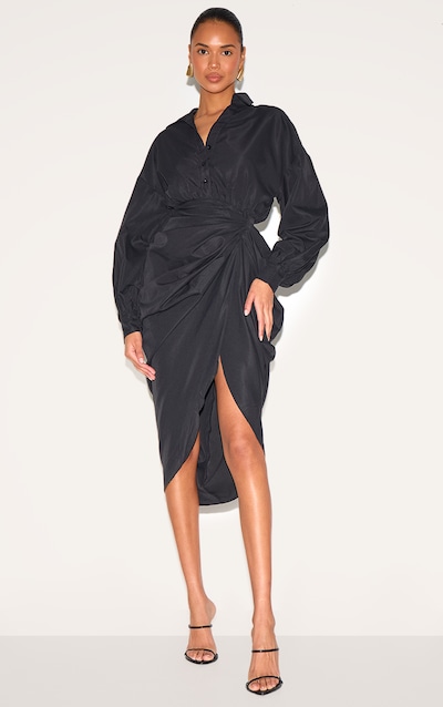 Black Balloon Sleeve Gathered Skirt Midi Shirt Dress