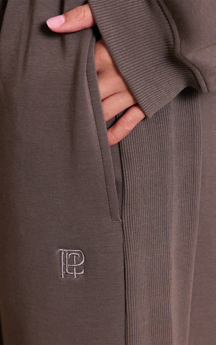 Charcoal Embroidered Interlock Rib Panel Wide Leg Track Pants image 4