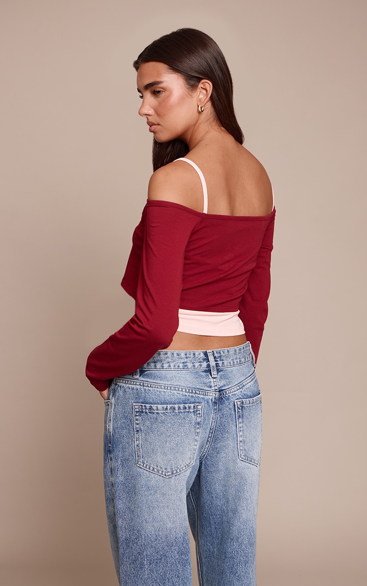 Burgundy Cotton Overlay Detail Bardot Long Sleeve Top  image 2