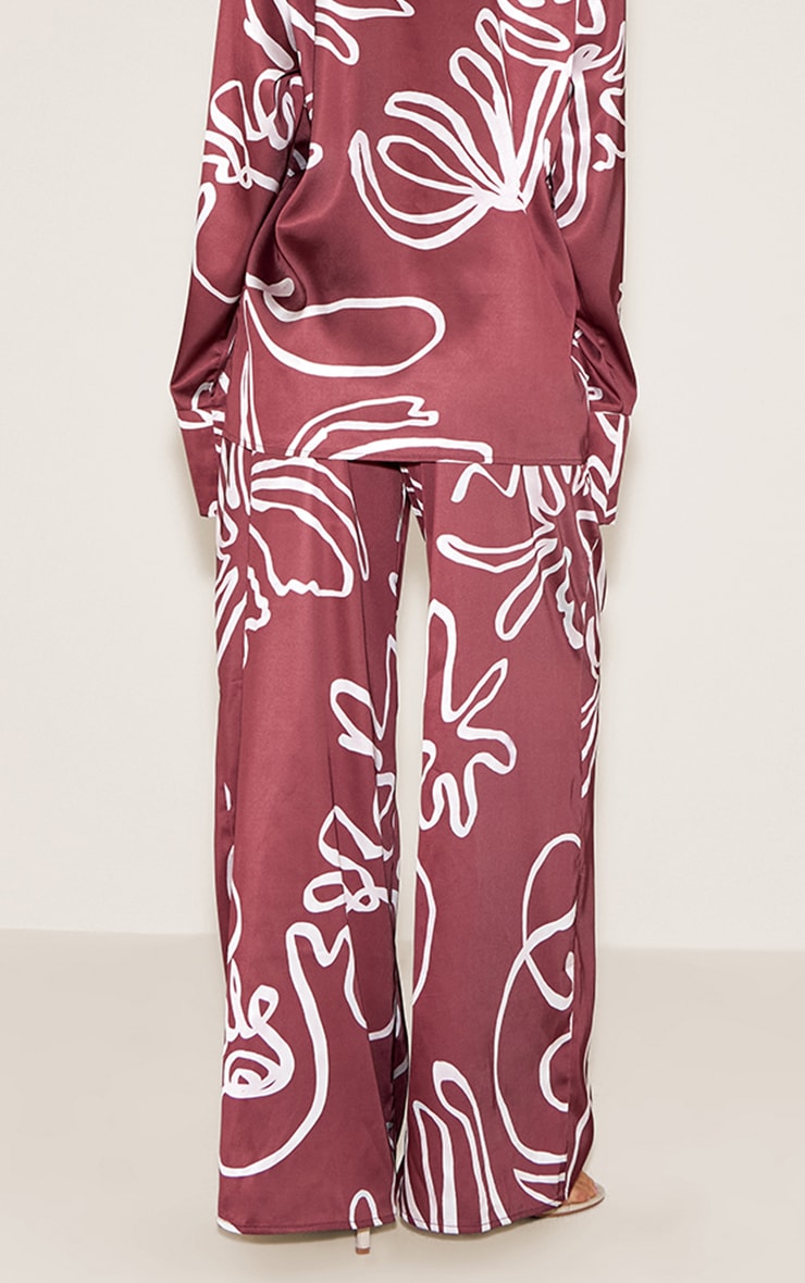 Brown Printed Satin Drawstring Wide Leg Pants image 3