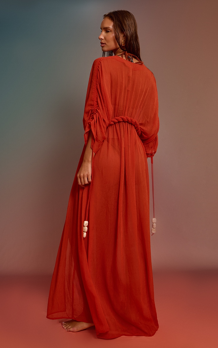 Rust Textured Chiffon Twist Boho Beach Dress image 2
