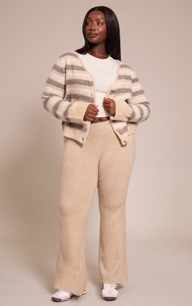 Plus Beige Striped Brushed V Neck Covered Button Knitted Cardigan image 3
