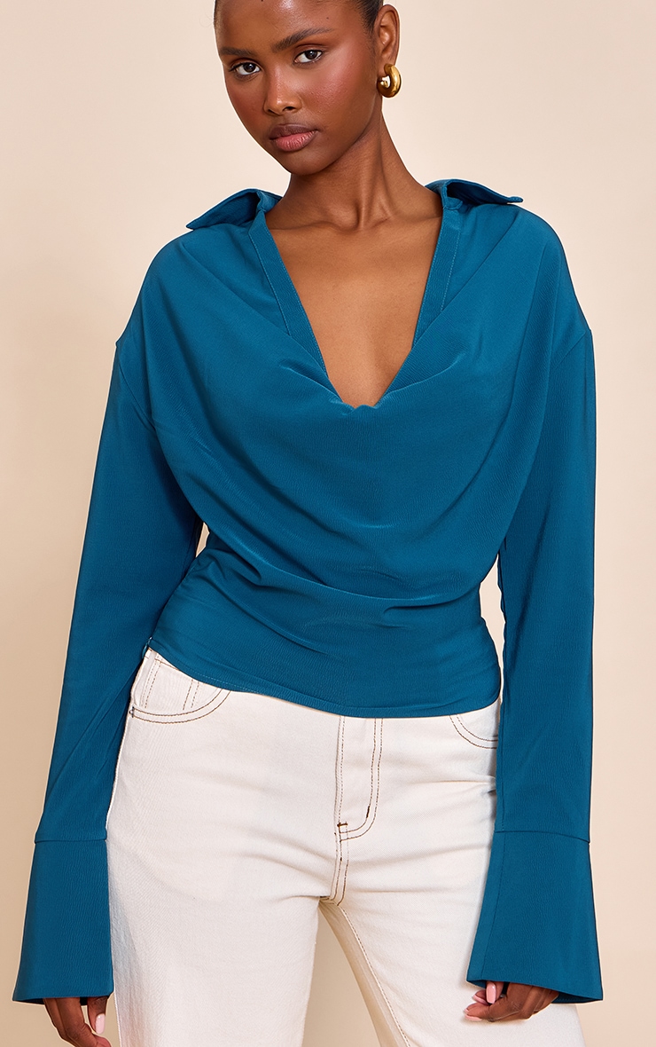 Teal Chiffon Cowl Neck Blouse image 4