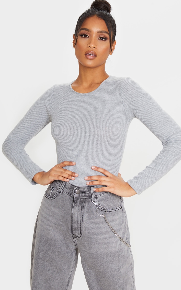Grey Brushed Rib Crew Neck Long Sleeve Bodysuit
