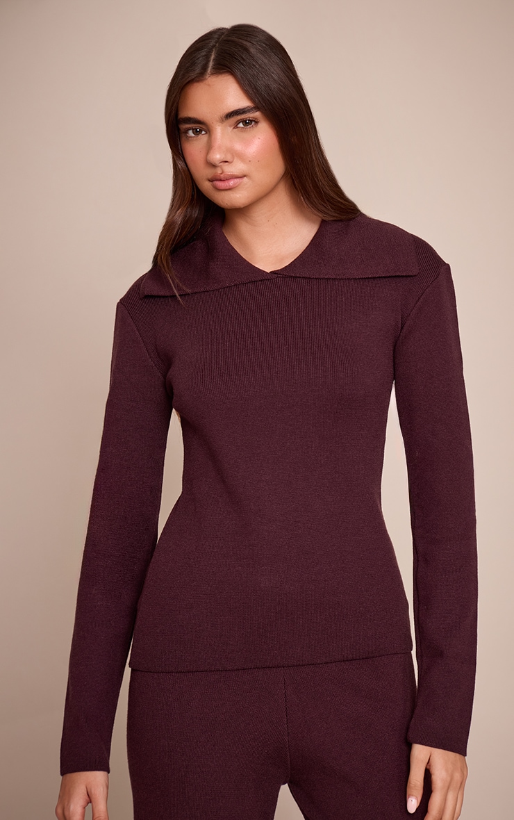 Chocolate Sailor Collar Long Sleeve Knitted Sweater  image 1