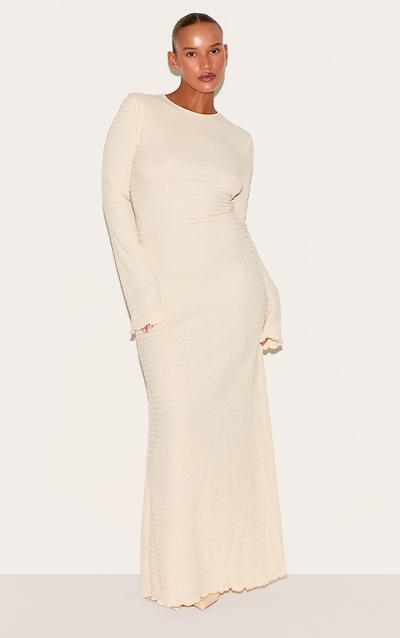 Plus Cream Crinkle Textured Lettuce Hem Long Sleeve Maxi Dress