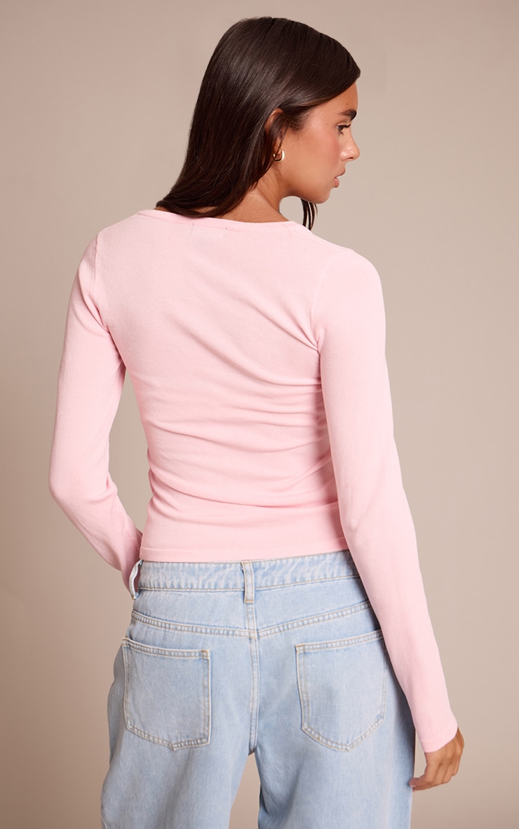 Pink Fine Knit Twist Neck Long Sleeve Top image 2