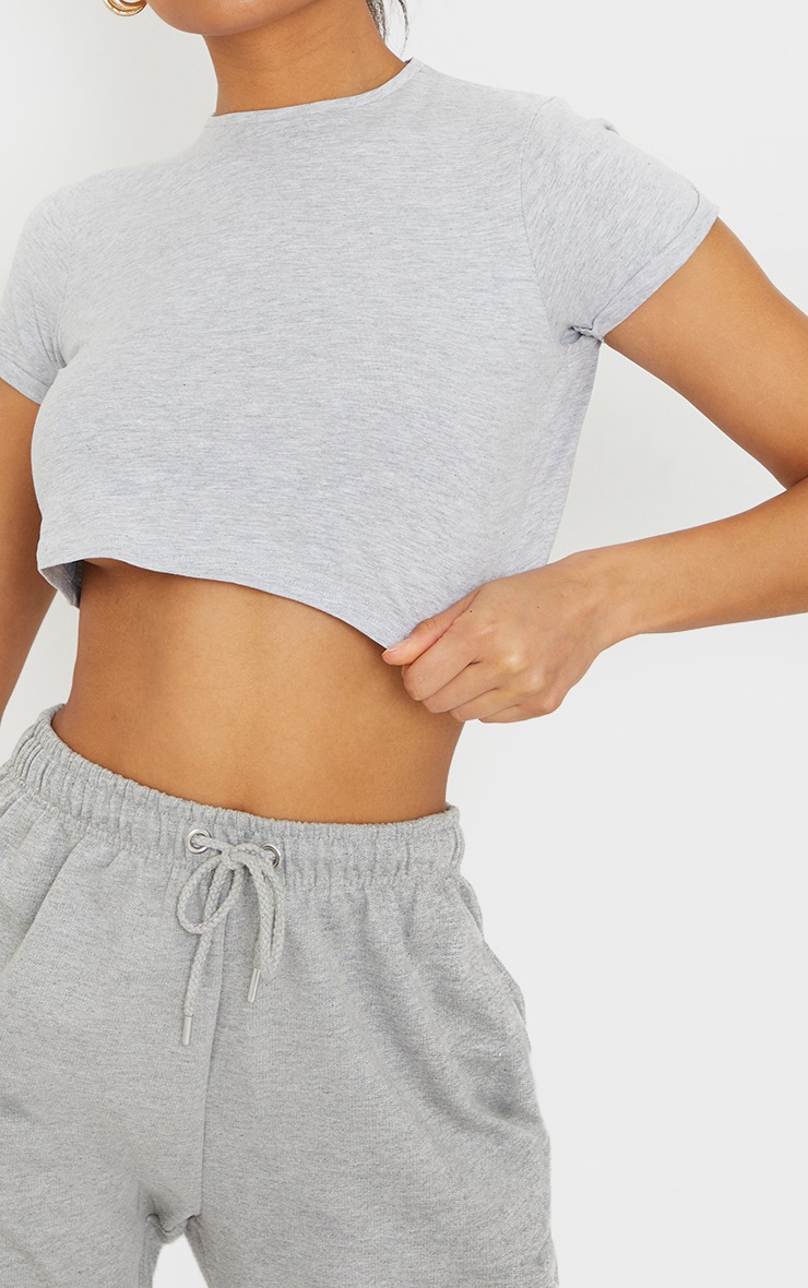 Basic Grey Marl Cotton Blend Roll Sleeve Crop T Shirt | PrettyLittleThing