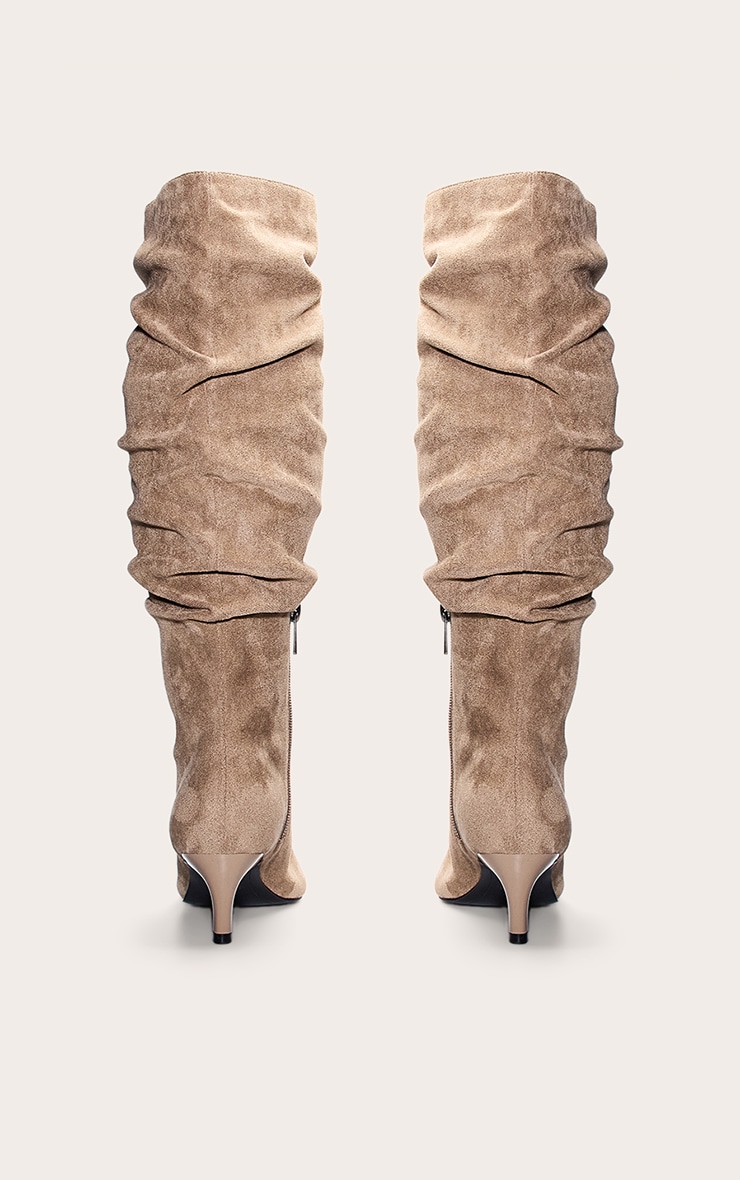 Stone Faux Suede Heeled Knee High Scrunch Boot image 4