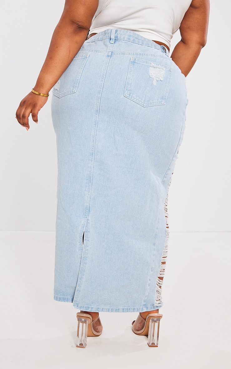 Plus Light Blue Wash Extreme Fraying Detail Denim Maxi Skirt image 3