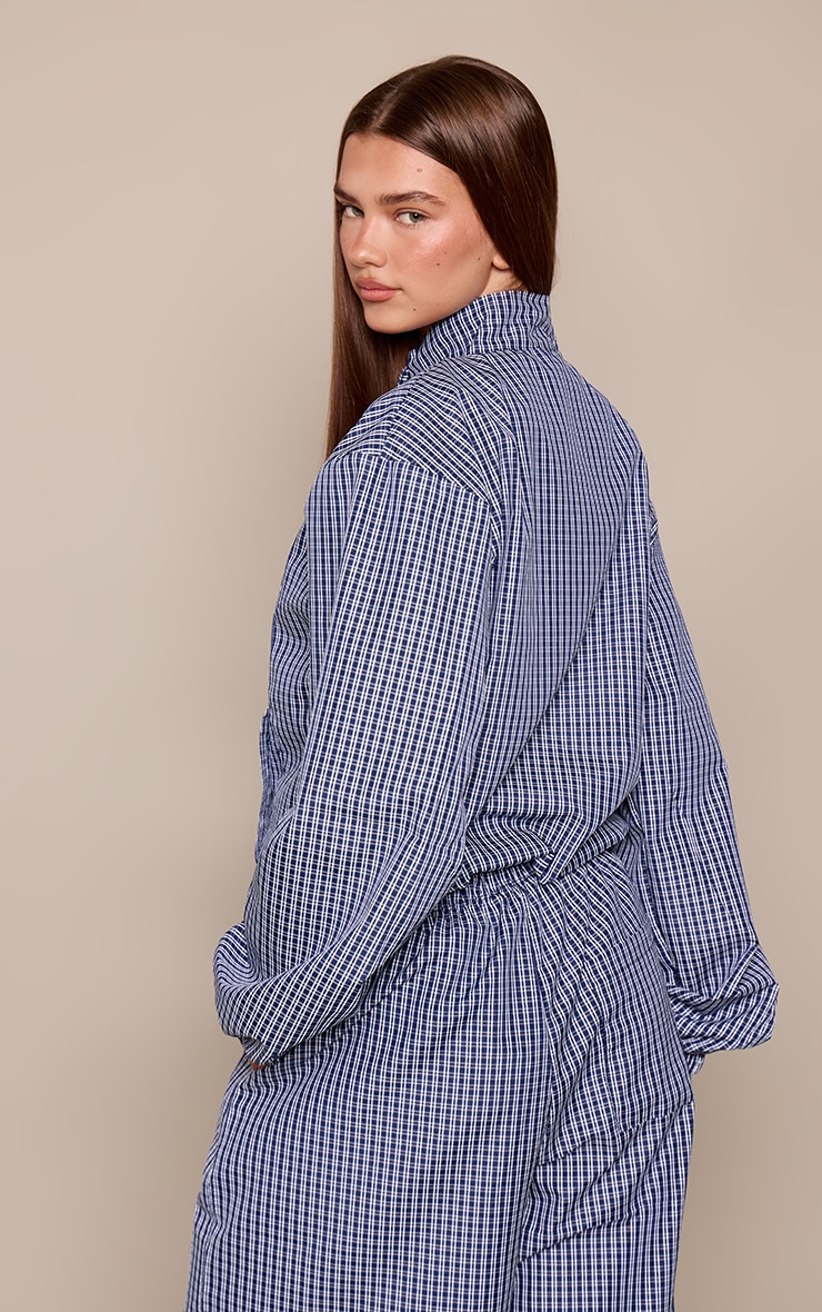Navy Checked Print Funnel Neck Elasticated Waist Shirt image 2